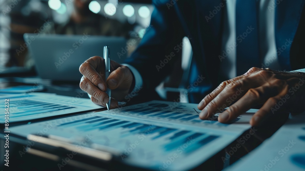 A businessman reviews market data and financial graphs, focusing on economic growth, business strategy, planning, risk management, and solutions in banking, finance, and investment. A businessman reviews market data and financial graphs, focusing on economic growth, business strategy, planning, risk management, and solutions in banking, finance, and investment.