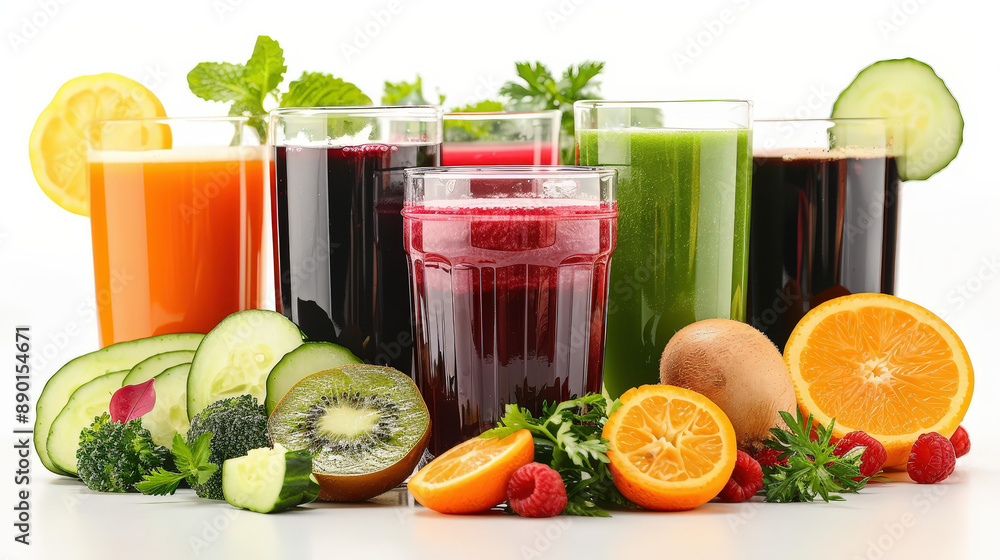 Assorted vegetable juices in transparent glasses, on a white background, vegetable juices, showcasing variety and health benefits Assorted vegetable juices in transparent glasses, on a white background, vegetable juices, showcasing variety and health benefits