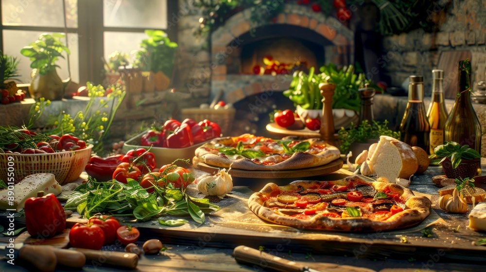 Rustic pizza with fresh ingredients on wooden table in cozy kitchen. Bright vegetables, herbs, and olive oil surround the pizza. Perfect for recipe blogs or food magazines. AI Rustic pizza with fresh ingredients on wooden table in cozy kitchen. Bright vegetables, herbs, and olive oil surround the pizza. Perfect for recipe blogs or food magazines. AI