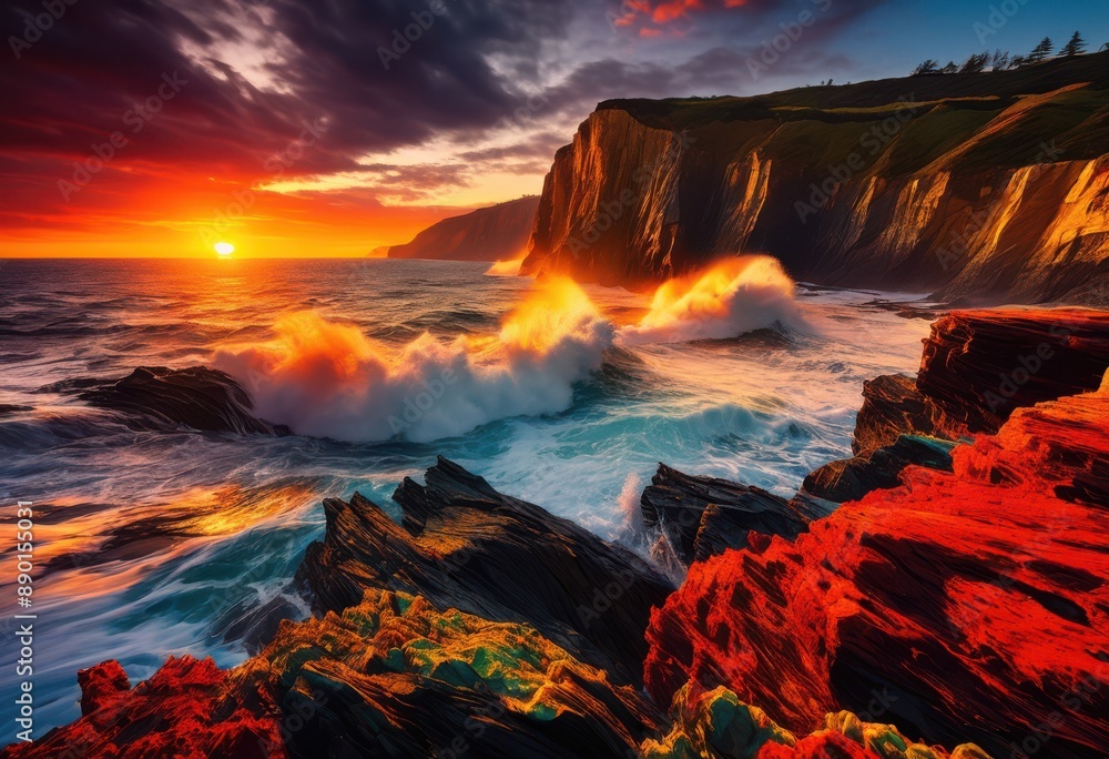 Fototapeta premium vibrant sunrise illuminating majestic cliffs sea, sunlight, light, rocky, shore, coast, ocean, scenic, nature, dramatic, sky, horizon, beautiful, view