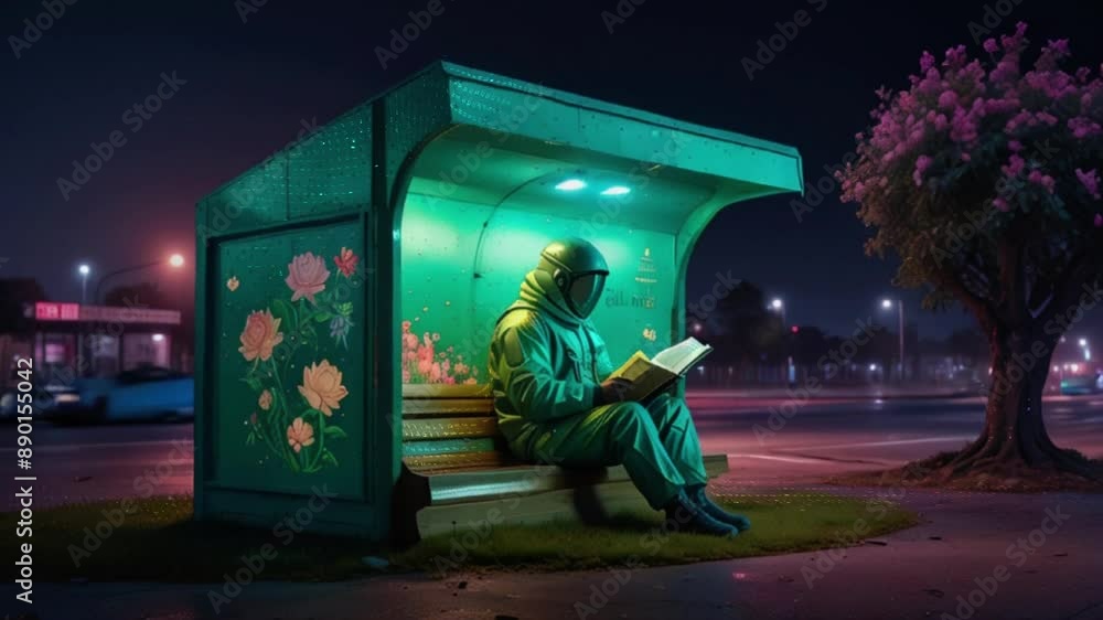 Astronaut in Flowered Bus Stop: The highlight is an astronaut seated in a glass-enclosed bus stop, illuminated by a soothing green light. The roof is decorated with vibrant flowers.