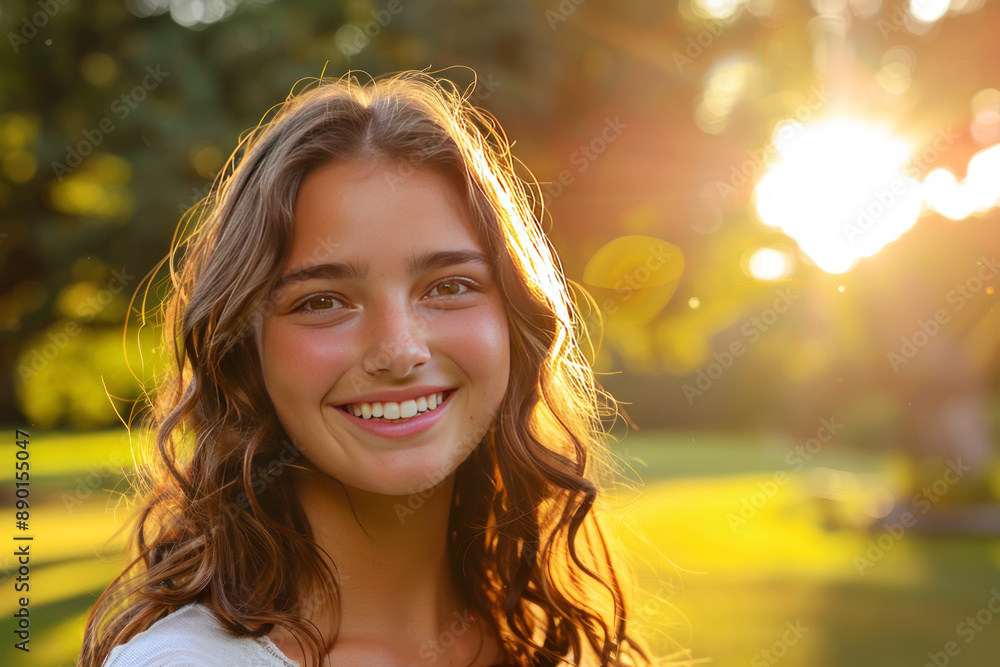 A young woman with long brown hair and green eyes smiles brightly outdoors. The background is softly blurred with warm sunlight A young woman with long brown hair and green eyes smiles brightly outdoors. The background is softly blurred with warm sunlight
