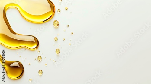 A white background with a drop of olive oil or oily cosmetic liquid dripping.  photo