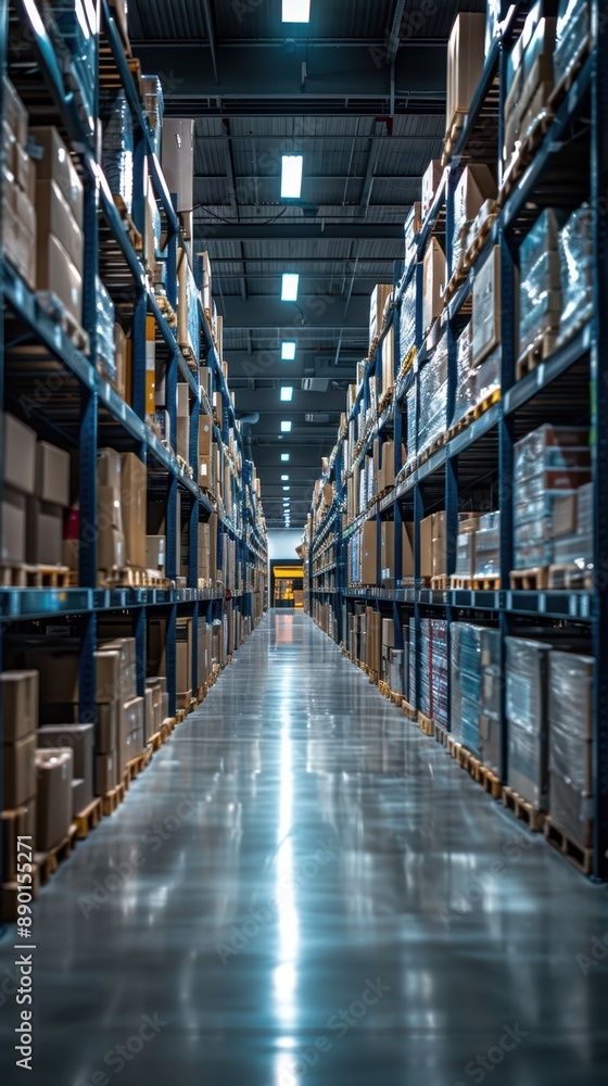Fototapeta premium A modern, well-organized warehouse with tall shelves filled with boxes and packages, illuminated by bright overhead lights.