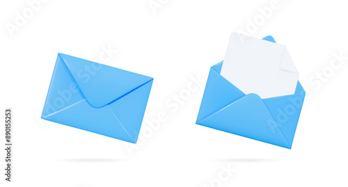 3D Blue envelopes icon set. Open and close letters. Subscribe to newsletter. Email message. Send post card. Envelope with document. Mail notification. Cartoon design icons. 3D Vector illustration