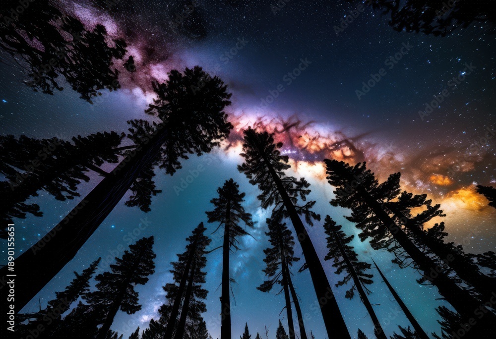 Fototapeta premium starry galactic core peeking through silhouetted trees, night, sky, celestial, bodies, astrophotography, starlight, glow, cosmic, universe, ethereal