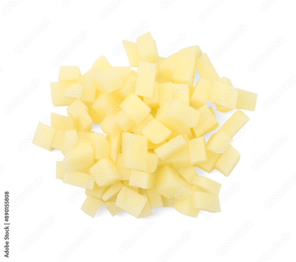 Pile of fresh cut potato isolated on white, top view Pile of fresh cut potato isolated on white, top view
