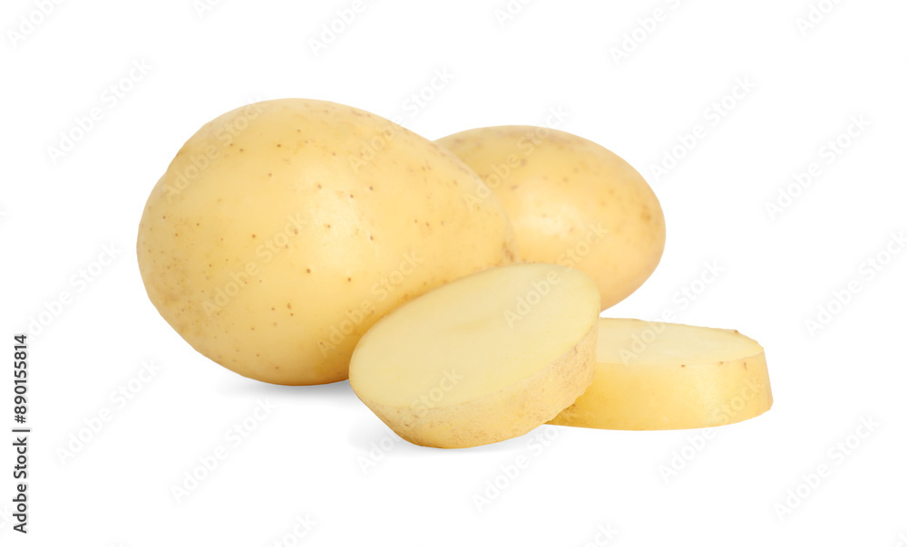 Fresh whole and cut potatoes isolated on white Fresh whole and cut potatoes isolated on white