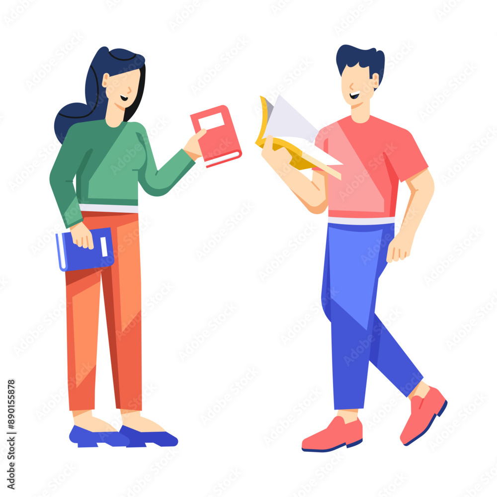 Students exchanging books with each other, flat illustration
Students exchanging books with each other, flat illustration