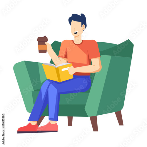 Man reading book with coffee, flat character illustration 

