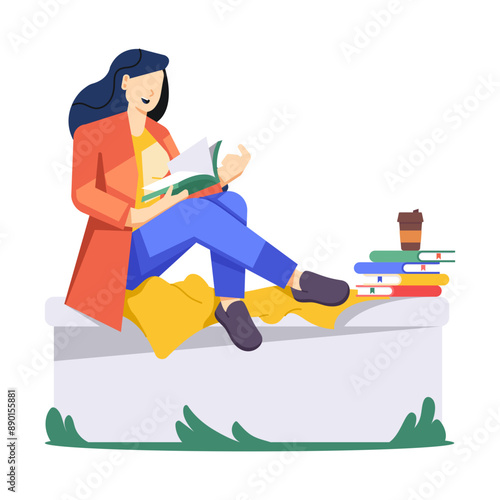 A flat character illustration of girl reading books 


