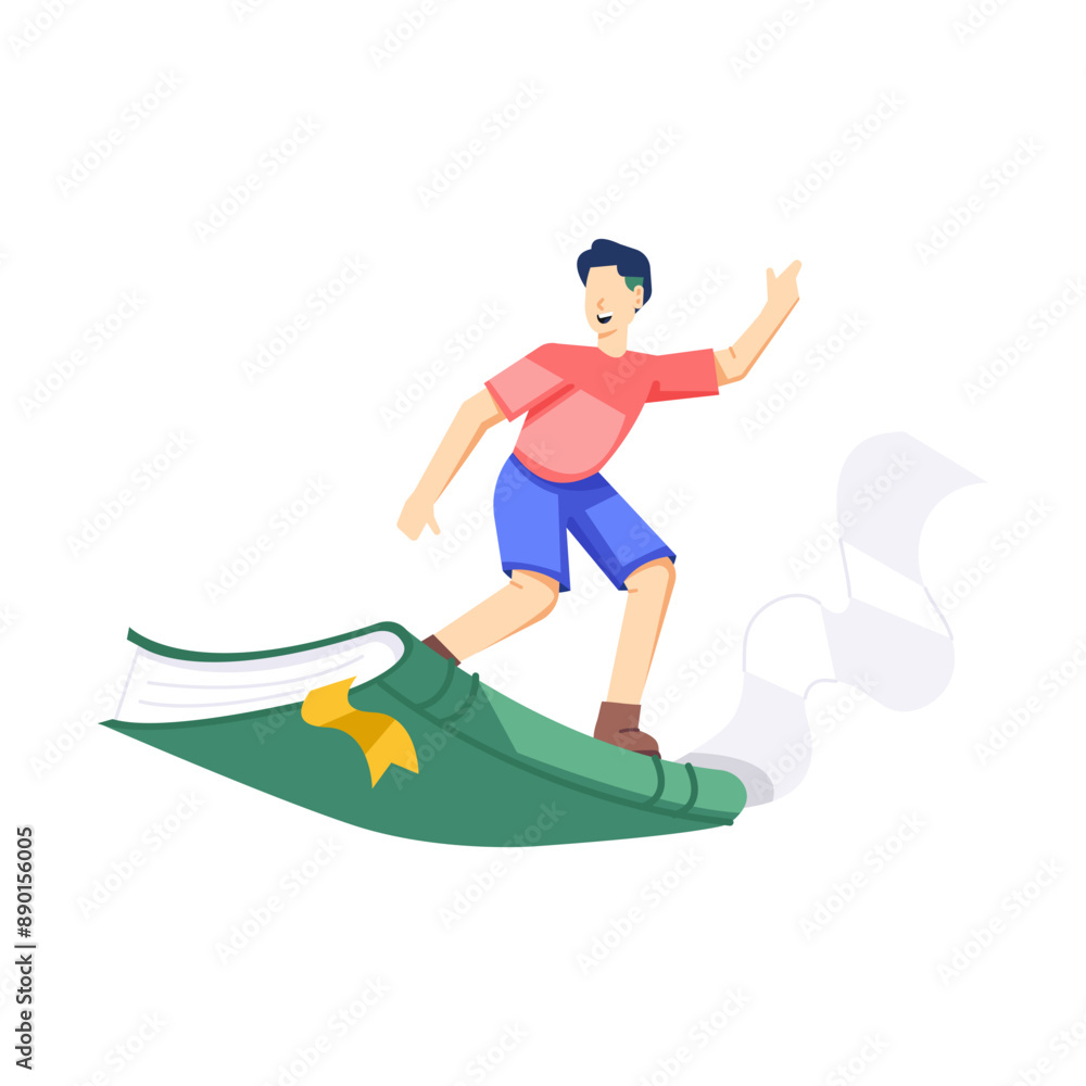 A flat style illustration of boy standing on flying book A flat style illustration of boy standing on flying book