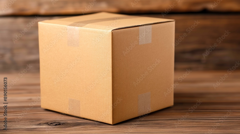A cardboard box sits on a wooden surface. The box is brown and has tape on it A cardboard box sits on a wooden surface. The box is brown and has tape on it