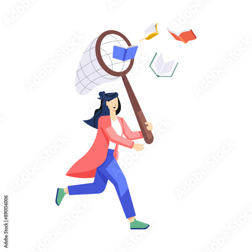 A flat illustration of running girl caching books

