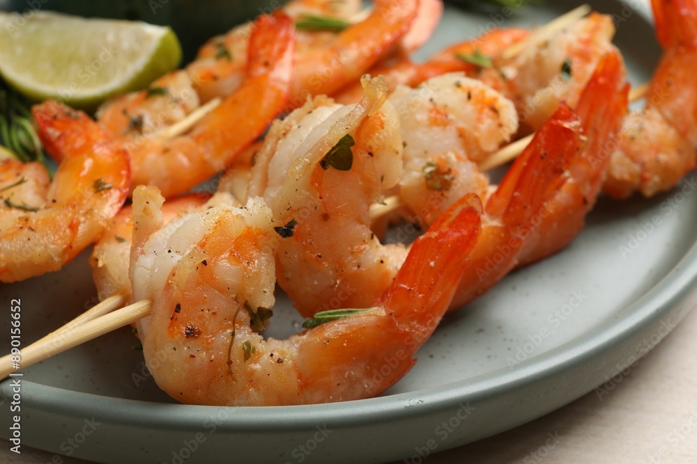 Skewers with delicious grilled shrimps served on plate, closeup Skewers with delicious grilled shrimps served on plate, closeup