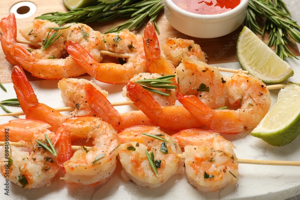 Skewers with delicious grilled shrimps served on board, closeup Skewers with delicious grilled shrimps served on board, closeup