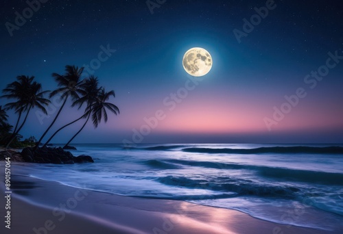 tranquil beach moonrise serene ocean peaceful coastal landscape, view, sand, waves, horizon, dusk, sky, water, reflection, scenery, nature, twilight, shore, beauty, seascape © Yaroslava