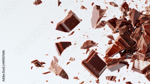 floating chocolate pieces shattered on white background dynamic motion sweet food concept
