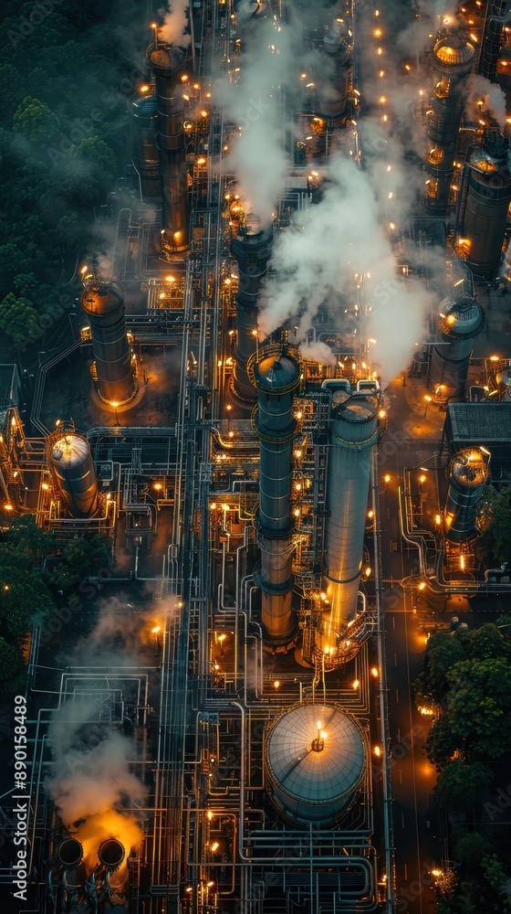 Aerial view of an industrial refinery complex at night, with illuminated lights and steam rising from the structures. Aerial view of an industrial refinery complex at night, with illuminated lights and steam rising from the structures.