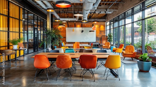 Tack sharp photo of a flexible workspace, transformable furniture, collaborative atmosphere, photo