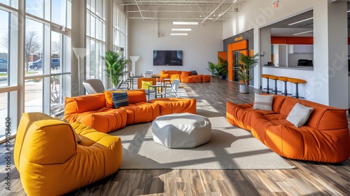 Tack sharp photo of a flexible workspace, transformable furniture, collaborative atmosphere, photo