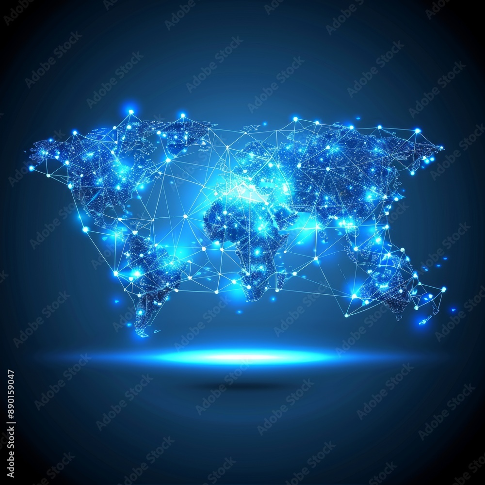 Glowing Blue Connected World Map On Blue Background, Global Network Concept, Abstract Illustration. Glowing Blue Connected World Map On Blue Background, Global Network Concept, Abstract Illustration.
