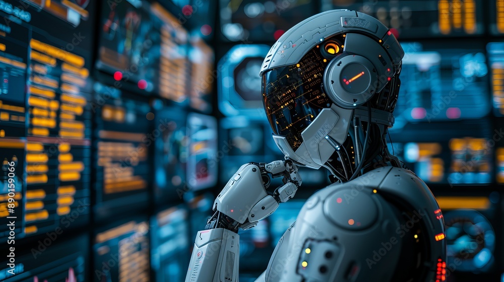 Robot Analyzing Data On Screens Robot Analyzing Data On Screens