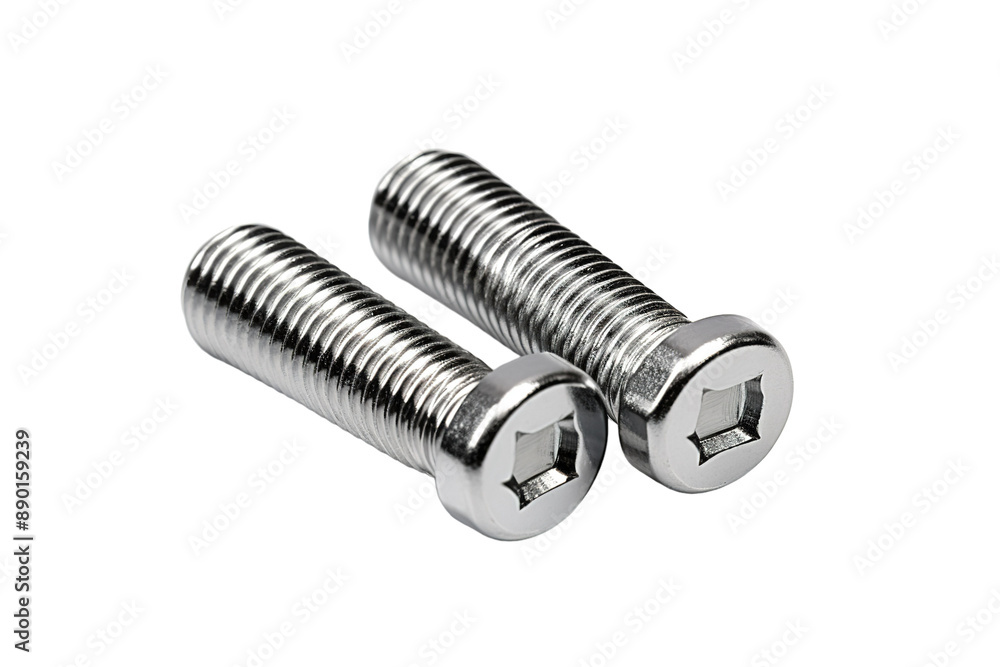 Two Shiny Square-Head Screws Resting On A White Surface on a Clear PNG or White Background. Two Shiny Square-Head Screws Resting On A White Surface on a Clear PNG or White Background.