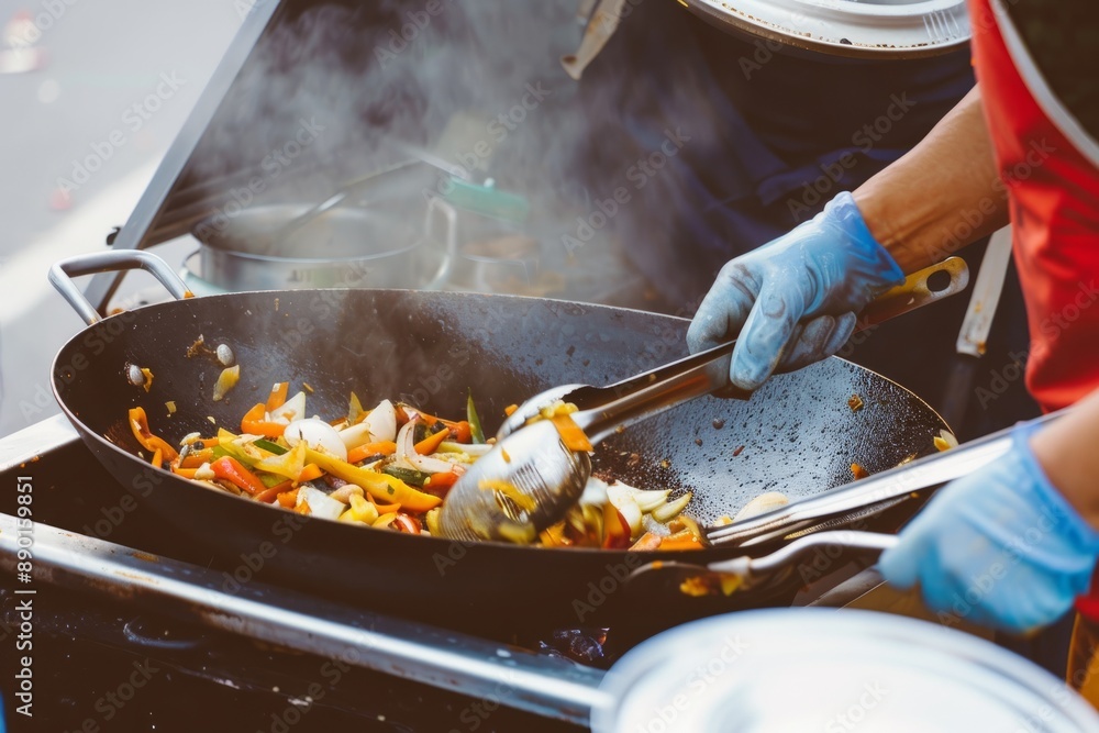 Fototapeta premium Asian street food vendor chopping vegetables, getting ready for the day, Generative AI
