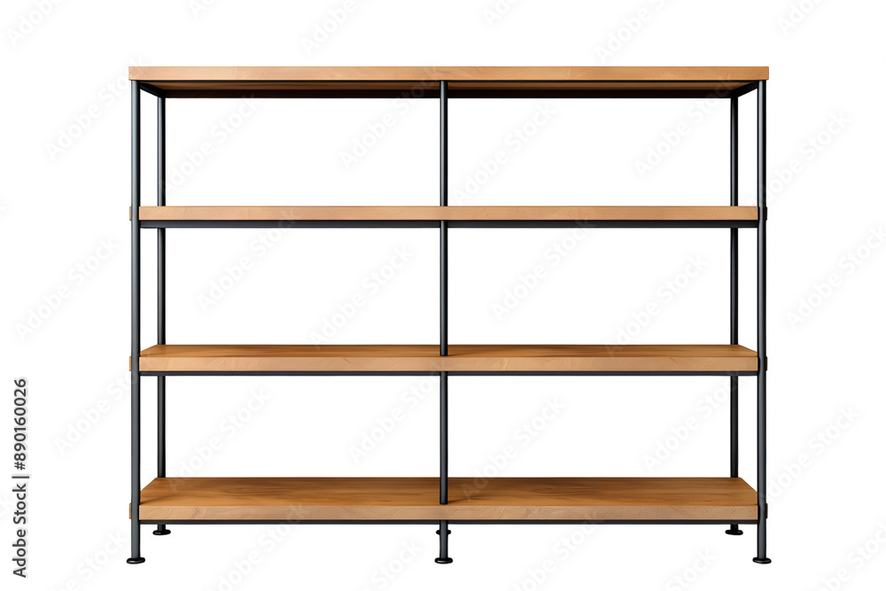 A Rustic Wooden Shelf Unit With Black Metal Supports on a Clear PNG or White Background. A Rustic Wooden Shelf Unit With Black Metal Supports on a Clear PNG or White Background.