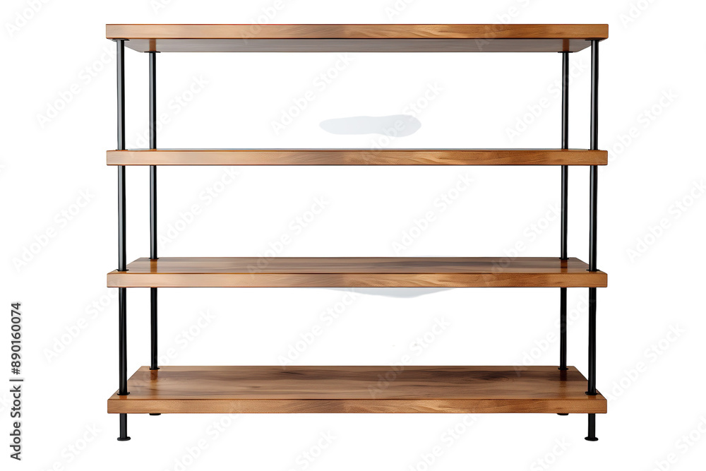 A Modern Wooden Shelf With Black Metal Supports, Ready for Display on a Clear PNG or White Background. A Modern Wooden Shelf With Black Metal Supports, Ready for Display on a Clear PNG or White Background.
