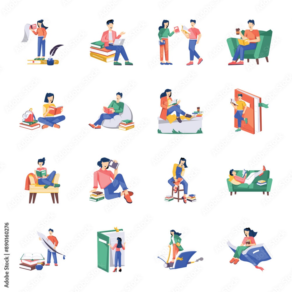 Fototapeta premium Set of 16 Book and Inkwell Flat Illustrations