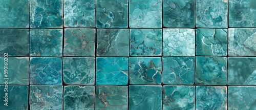 Wallpaper Mural Panoramic close-up, high detail scan of teal mosaic tile texture, Generative AI Torontodigital.ca