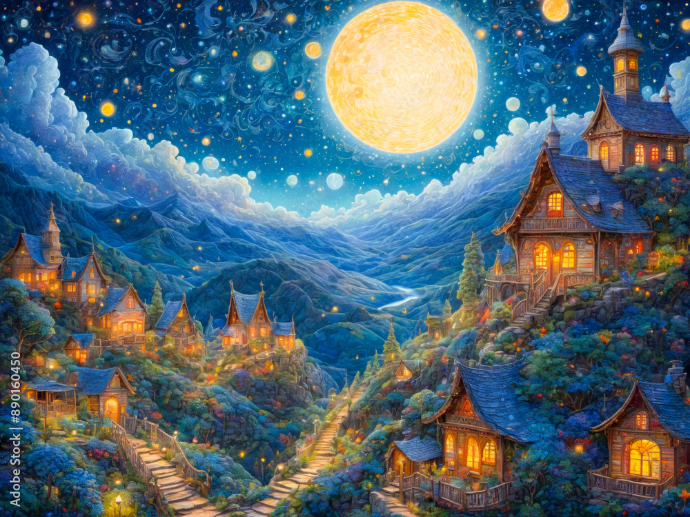 Enchanting Village Under the Full Moon. Enchanting Village Under the Full Moon.