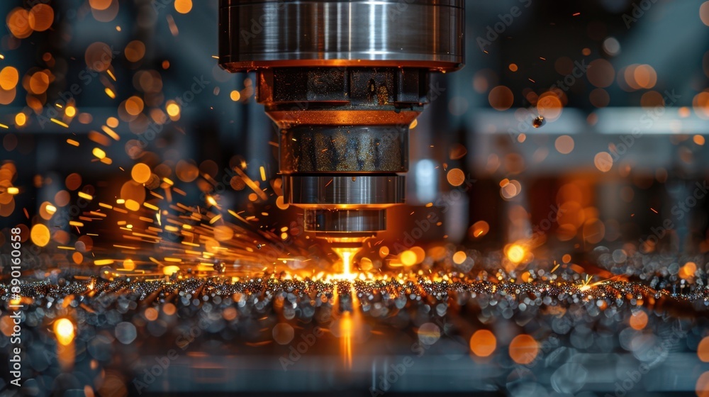 Close-up of a CNC machine in operation, creating sparks as it precisely cuts metal in an industrial setting, showcasing advanced manufacturing technology. Close-up of a CNC machine in operation, creating sparks as it precisely cuts metal in an industrial setting, showcasing advanced manufacturing technology.