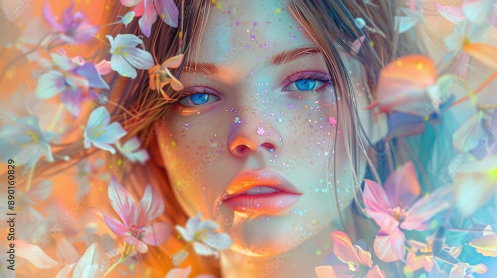Surrounding Fantasy: Portrait of a Girl Amidst a Floral Wonderland in Pastel Colors Surrounding Fantasy: Portrait of a Girl Amidst a Floral Wonderland in Pastel Colors