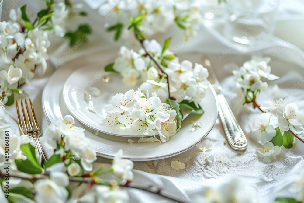 Table Setting with White Flowers for Spring Celebration Dinner Table Setting with White Flowers for Spring Celebration Dinner