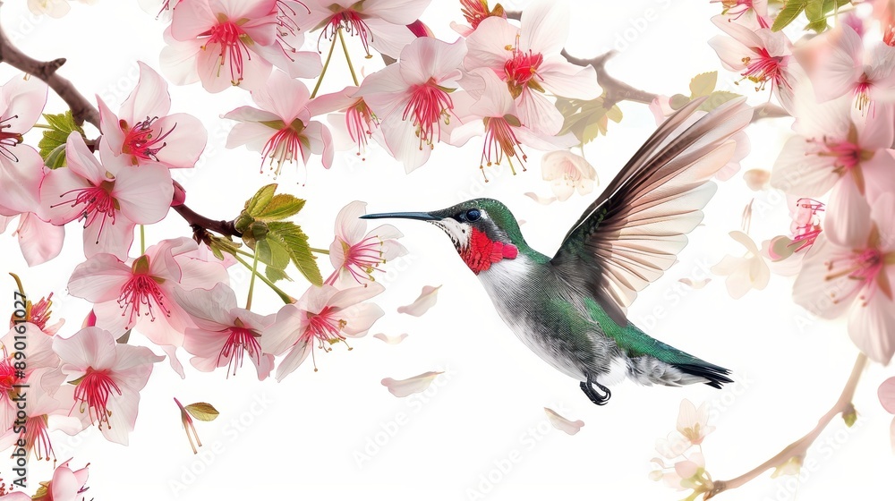 Fototapeta premium Hummingbird feeding on vibrant blossoms, photorealistic, isolated on white background