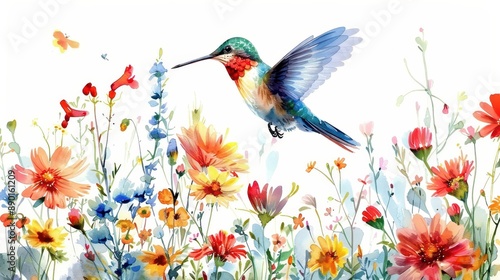 Hummingbird in an ethereal garden of flowers, dreamlike quality, isolated on white background