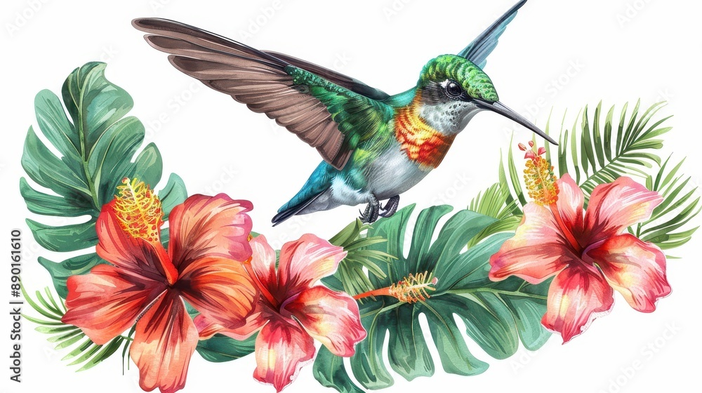 Obraz premium Detailed hummingbird in mid-flight with tropical flowers, vector illustration, isolated on white background