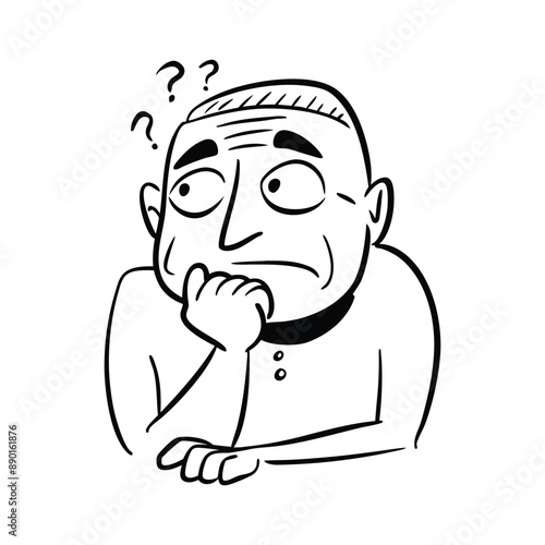 A middle-aged man is confused and thinking doodle vector illustration