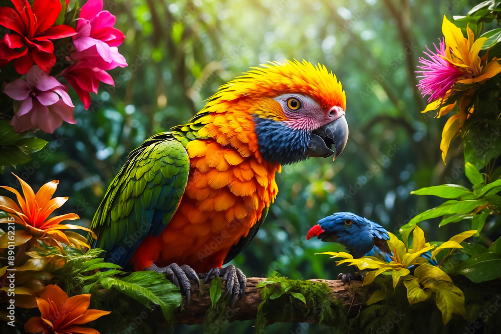 Fototapeta premium rare birds in lush rainforests and jungles. Brightly colored parrots sit on trees