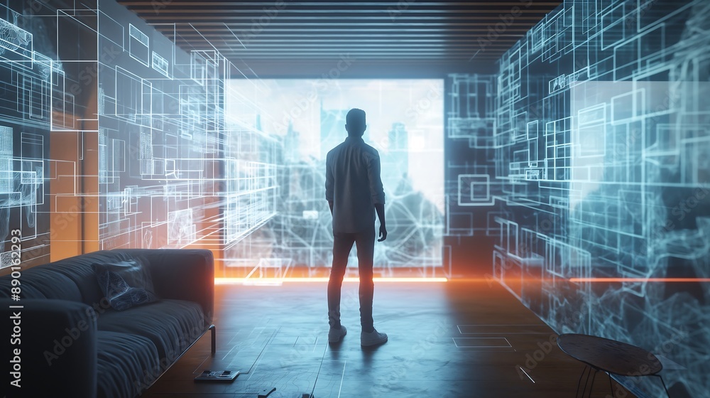 Designer stands and analyzes a holographic display of a home interior model. Designer stands and analyzes a holographic display of a home interior model.