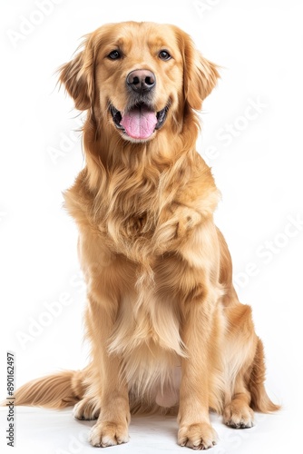 Golden Retriever Sitting With Tongue Out In Studio Setting