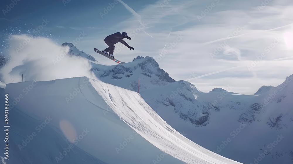 Snowboard rider is jumping over ramp during winter extreme sport games. Snowboard rider is jumping over ramp during winter extreme sport games.