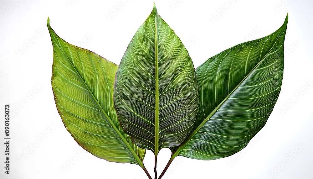A close-up of a single, fresh green leaf isolated on a white background shows its veins and natural texture A close-up of a single, fresh green leaf isolated on a white background shows its veins and natural texture