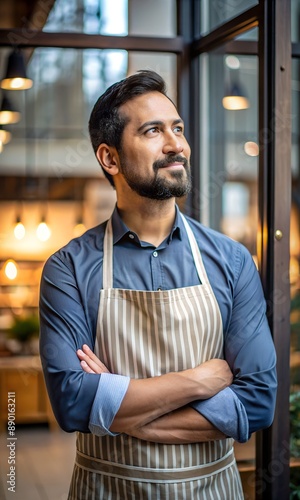 Portrait of latin business manwith apron thinking about the future and planning inside shop. owner, small business, successful, community concept. photo