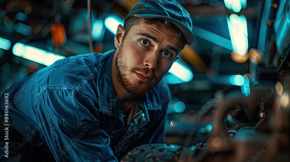 A young male mechanic in a blue uniform working under a vehicle in a dimly lit garage with focused expression A young male mechanic in a blue uniform working under a vehicle in a dimly lit garage with focused expression