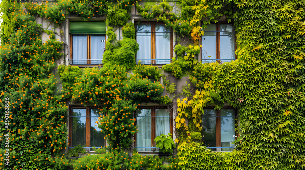 Climbing plants attached to exterior walls, eco-friendly architecture. Urban greening, urban heat island reduction Climbing plants attached to exterior walls, eco-friendly architecture. Urban greening, urban heat island reduction