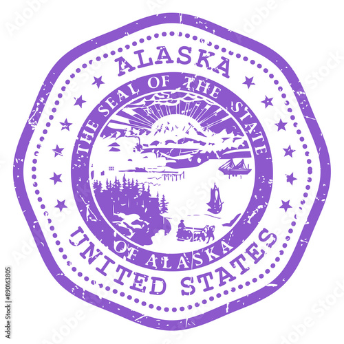 Alaska state stamp with seal, USA travel stamp, shabby postmark of Alaska, vector